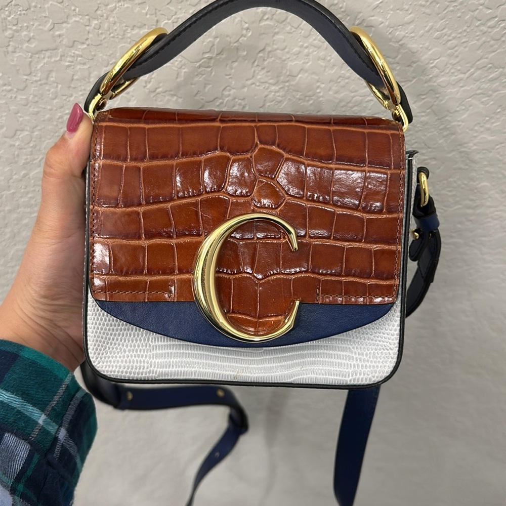 Chloé Tricolor Croc-Effect C Mini Crossbody - Brown, Blue, White, Gold - Picture 6 of 6
